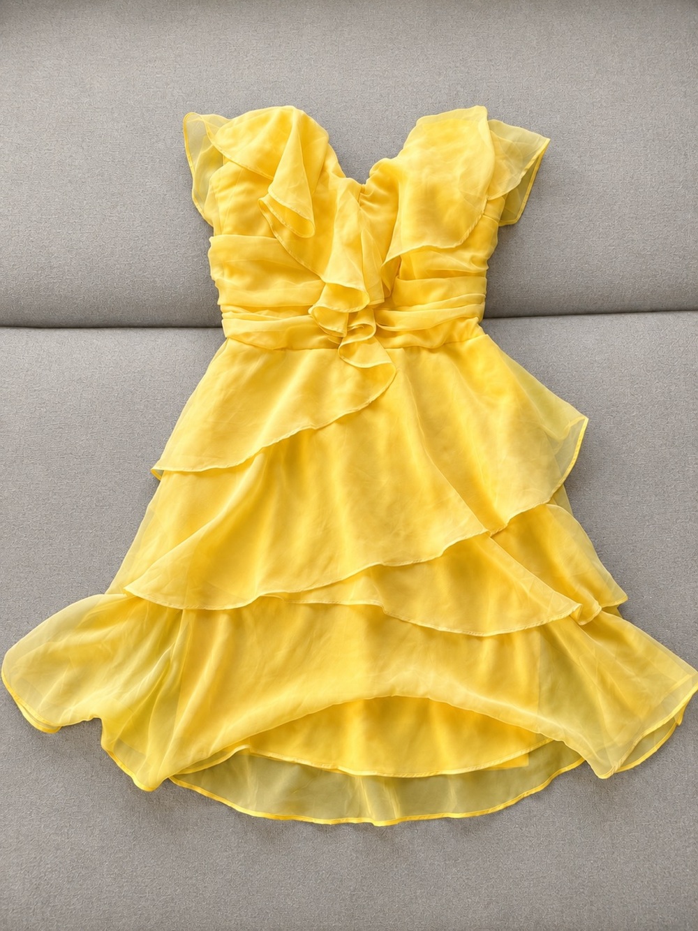 Arden B Y2K Lemon Yellow Strapless Chiffon Ruffle Dress S structured bust boning